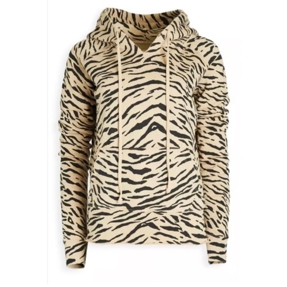 Nili Lotan Janie Hoodie Distressed Zebra Animal Print Tan Black Small S